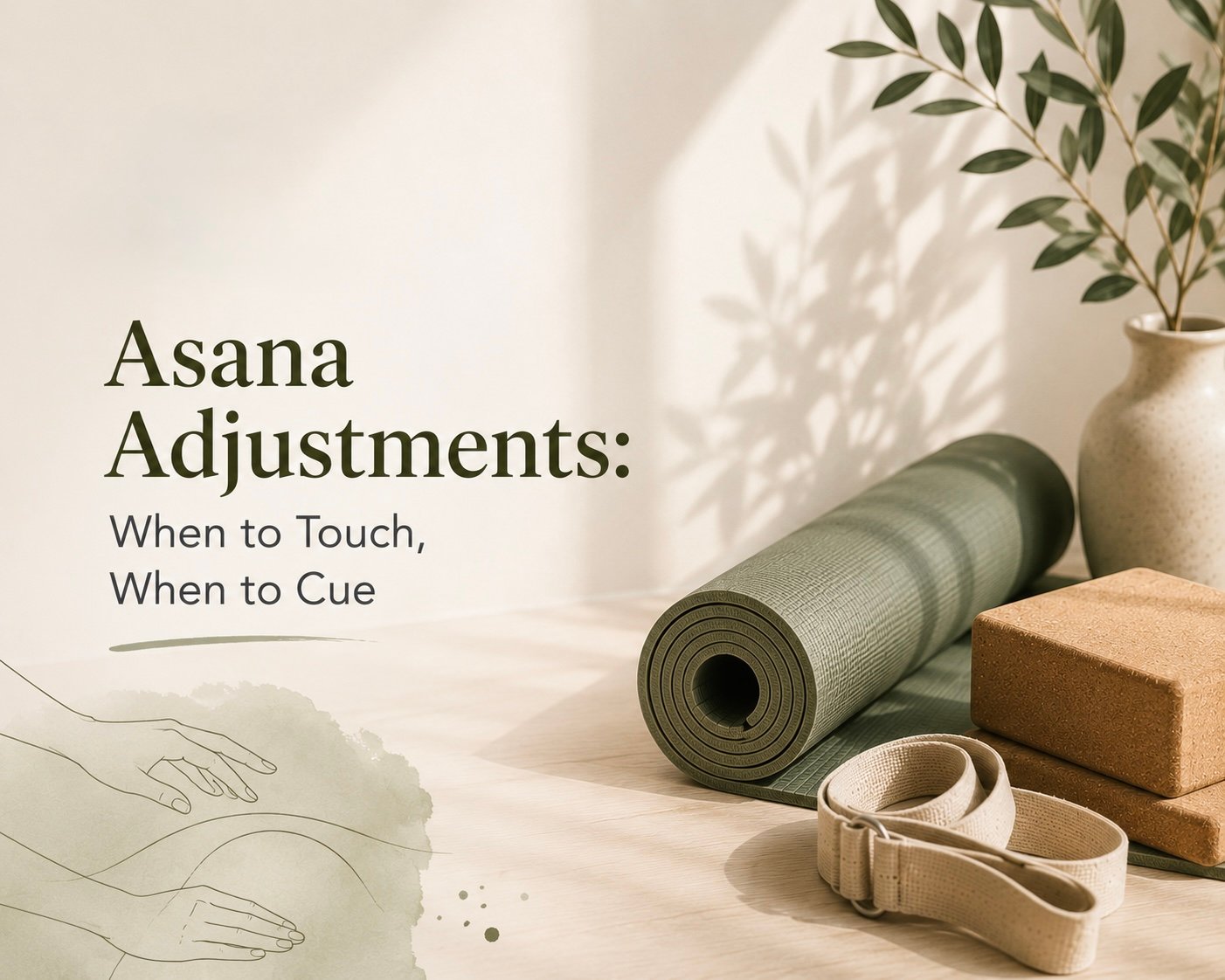 Yoga teacher offering a mindful and consent-based asana adjustment to a student